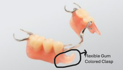 Flexible combo partial denture with flexible gum-coloured clasp labelled